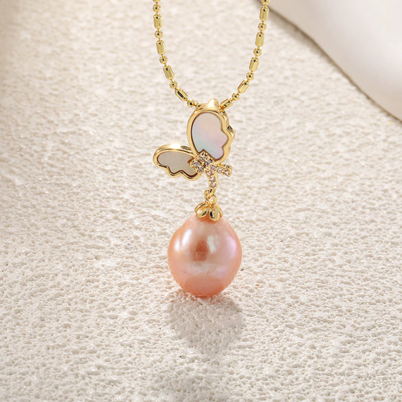 Wholesale Women's Light Luxury Sweet Style Copper Gold Plated Freshwater Baroque Pearl Necklace With Butterfly Flower Drop Shape Design
