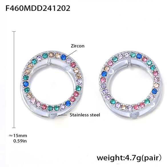 Wholesale Women's Light Luxury Texturized Stainless Steel Mixed Color Zircon Doublesided Circle Earrings Pvd Gold Plated Geometric Design