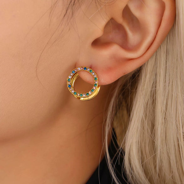 Wholesale Women's Light Luxury Texturized Stainless Steel Mixed Color Zircon Doublesided Circle Earrings Pvd Gold Plated Geometric Design