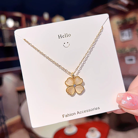 Wholesale Women's Light Luxury Titanium Steel And Copper Love Four Leaf Clover Cat's Eye Stone O Chain Necklace