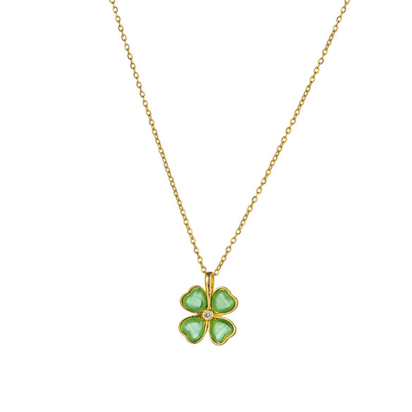 Wholesale Women's Light Luxury Titanium Steel And Copper Love Four Leaf Clover Cat's Eye Stone O Chain Necklace