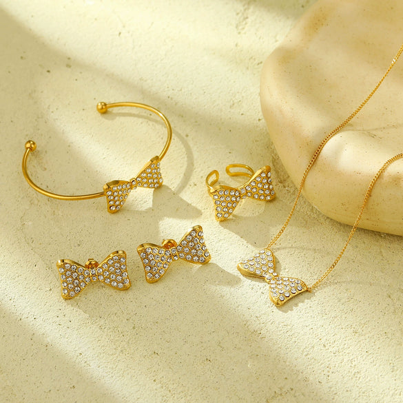 Wholesale Women's Light Luxury Titanium Steel And Stainless Steel Bow Tie Earrings Necklace Ring Set With Electroplating