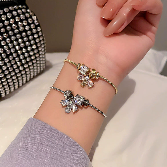 Wholesale Women's Light Luxury Titanium Steel Bracelet With Alloy Inlaid Artificial And Semiprecious Stones Microinlay Adjustable Pull And Letters Numbers Text Pattern