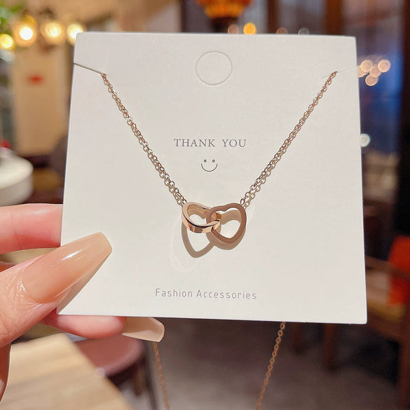 Wholesale Women's Light Luxury Titanium Steel Heart Double Ring Necklace With Electroplating Cross Chain