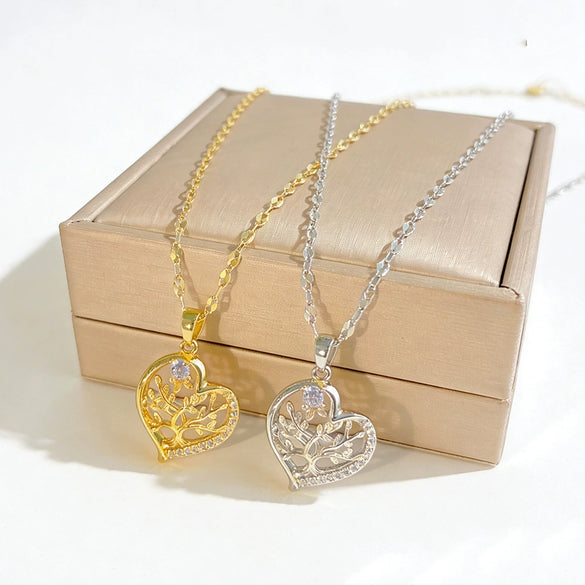 Wholesale Women's Light Luxury Titanium Steel Heartshaped Pendant Necklace Inlaid With Zircon Featuring A Water Wave Chain