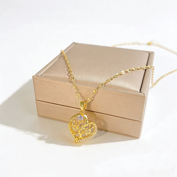 Wholesale Women's Light Luxury Titanium Steel Heartshaped Pendant Necklace Inlaid With Zircon Featuring A Water Wave Chain