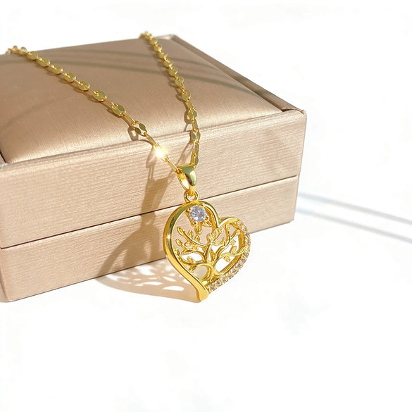 Wholesale Women's Light Luxury Titanium Steel Heartshaped Pendant Necklace Inlaid With Zircon Featuring A Water Wave Chain