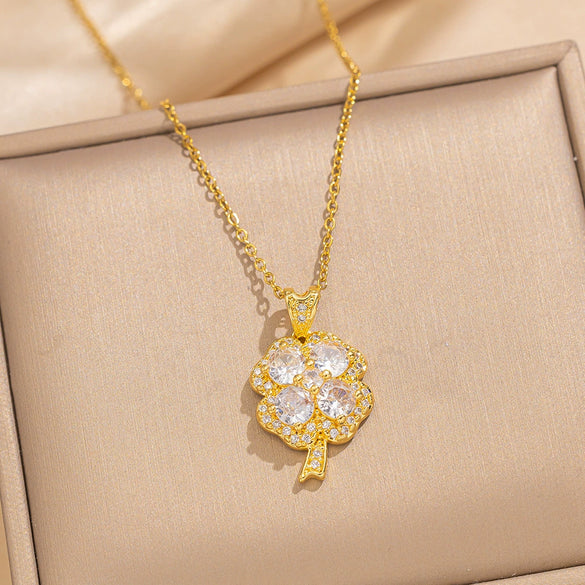 Wholesale Women's Light Luxury Titanium Steel Jewelry Set With Full Diamond Four Leaf Clover Earrings And Necklace Set With Diamonds