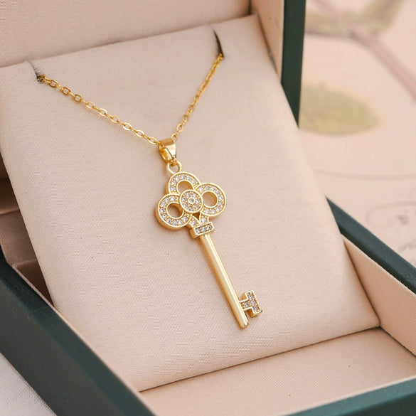 Wholesale Women's Light Luxury Titanium Steel Ochain Key Pendant Necklace With Geometric Design And Mixed Gem Inlay Electroplated