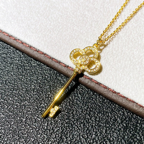 Wholesale Women's Light Luxury Titanium Steel Ochain Key Pendant Necklace With Geometric Design And Mixed Gem Inlay Electroplated