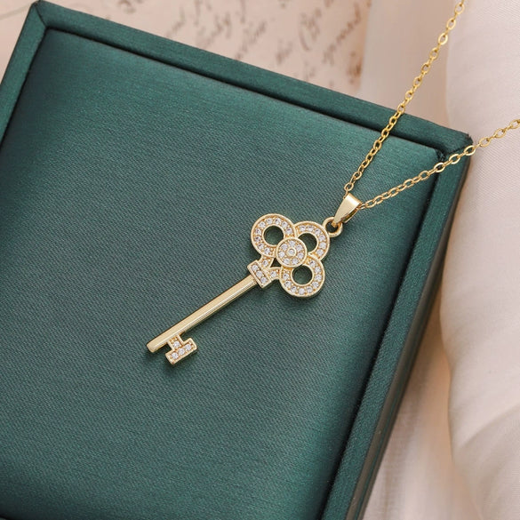 Wholesale Women's Light Luxury Titanium Steel Ochain Key Pendant Necklace With Geometric Design And Mixed Gem Inlay Electroplated