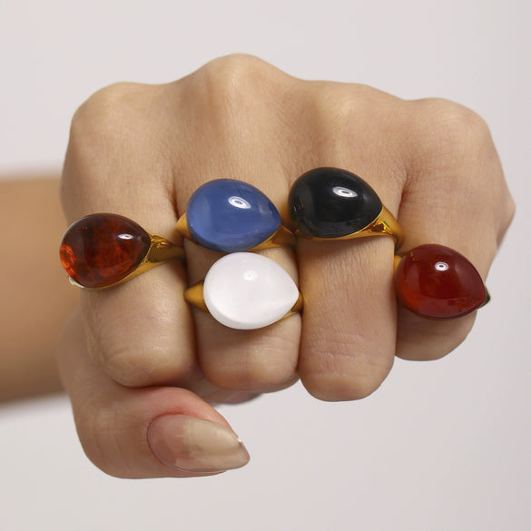 Wholesale Women's Light Luxury Water Drop Shape Geometric 316L Stainless Steel Resin Ring With Electroplating