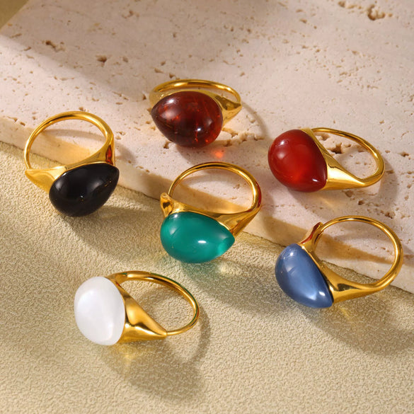 Wholesale Women's Light Luxury Water Drop Shape Geometric 316L Stainless Steel Resin Ring With Electroplating