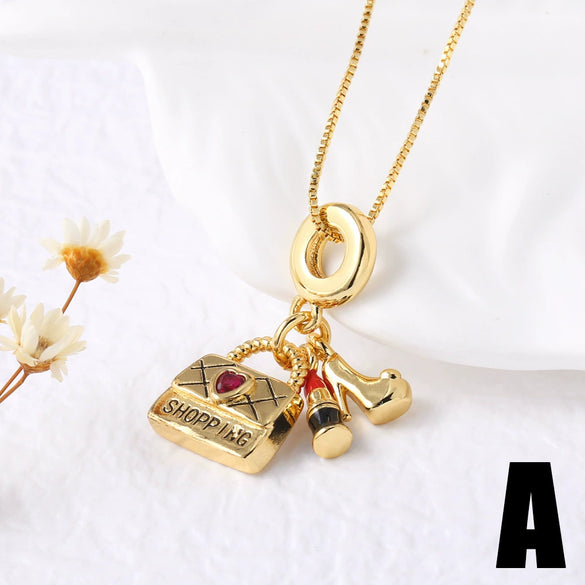 Wholesale Women's Lipstick Bag Pendant Necklace With Oil Drop Clavicle Chain Copper Gold Plated Geometric Design