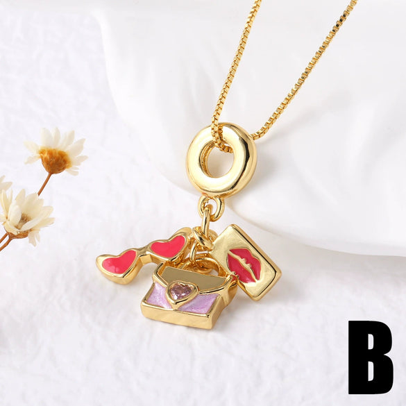 Wholesale Women's Lipstick Bag Pendant Necklace With Oil Drop Clavicle Chain Copper Gold Plated Geometric Design