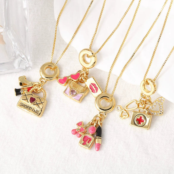 Wholesale Women's Lipstick Bag Pendant Necklace With Oil Drop Clavicle Chain Copper Gold Plated Geometric Design