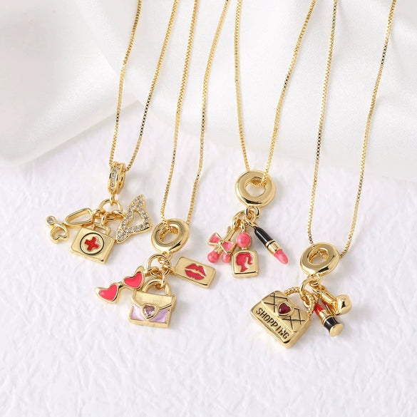 Wholesale Women's Lipstick Bag Pendant Necklace With Oil Drop Clavicle Chain Copper Gold Plated Geometric Design