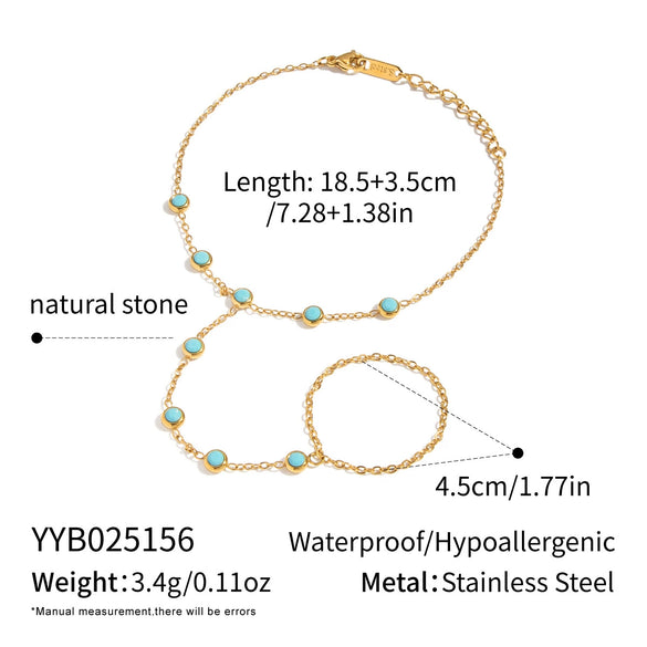 Wholesale Women's Literary Geometric Real Gold Plated Stainless Steel Turquoise Finger Chain Bracelet Jewelry