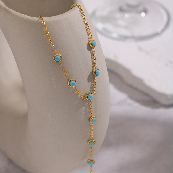 Wholesale Women's Literary Geometric Real Gold Plated Stainless Steel Turquoise Finger Chain Bracelet Jewelry