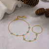 Wholesale Women's Literary Geometric Real Gold Plated Stainless Steel Turquoise Finger Chain Bracelet Jewelry