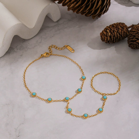 Wholesale Women's Literary Geometric Real Gold Plated Stainless Steel Turquoise Finger Chain Bracelet Jewelry