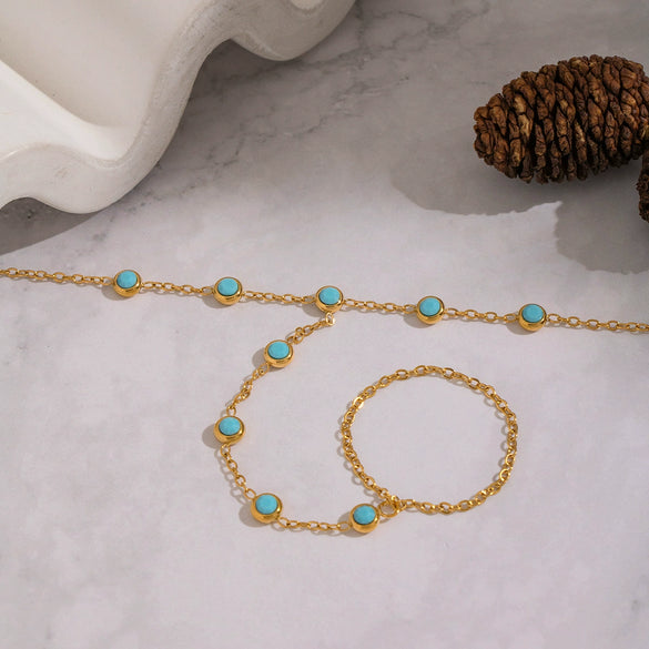 Wholesale Women's Literary Geometric Real Gold Plated Stainless Steel Turquoise Finger Chain Bracelet Jewelry