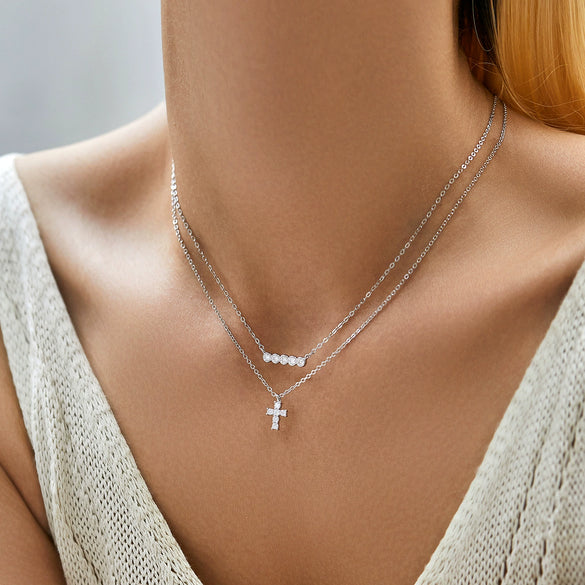 Wholesale Women's Literary Personality Cross Pendant Stacked Wind Full Diamond 925 Silver Necklace