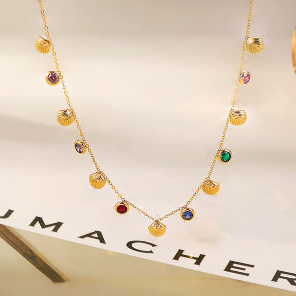 Wholesale Women's Little Fresh Geometric Stainless Steel Electroplated Necklace Inlaid With Colorful Zircon Shell Pendants