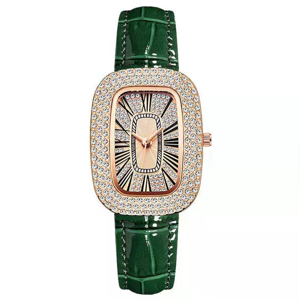 Wholesale Women's Little Green Oval Dial Leisure Watch With Rhinestone And Gypsophila Case In Alloy Buckle In Stainless Steel Mineral Reinforced Glass Mirror