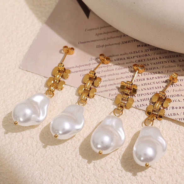 Wholesale Women's Long Earrings 316L Stainless Steel Geometric Pearl Plated