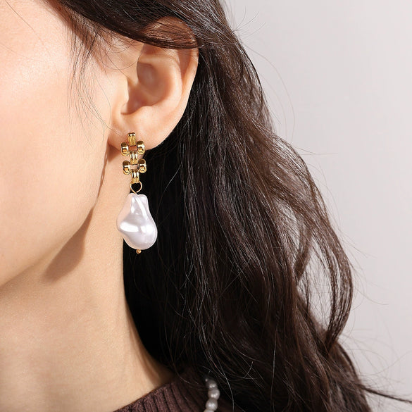 Wholesale Women's Long Earrings 316L Stainless Steel Geometric Pearl Plated