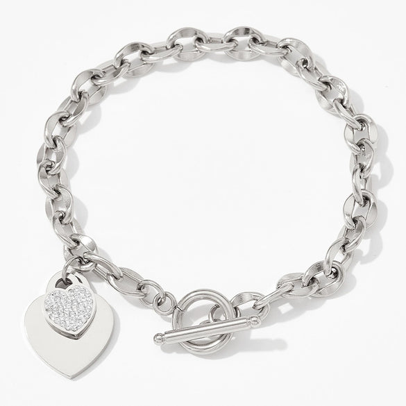 Wholesale Women's Love Heart Stainless Steel Bracelet With Vacuum Plating And Diamond Simple Style