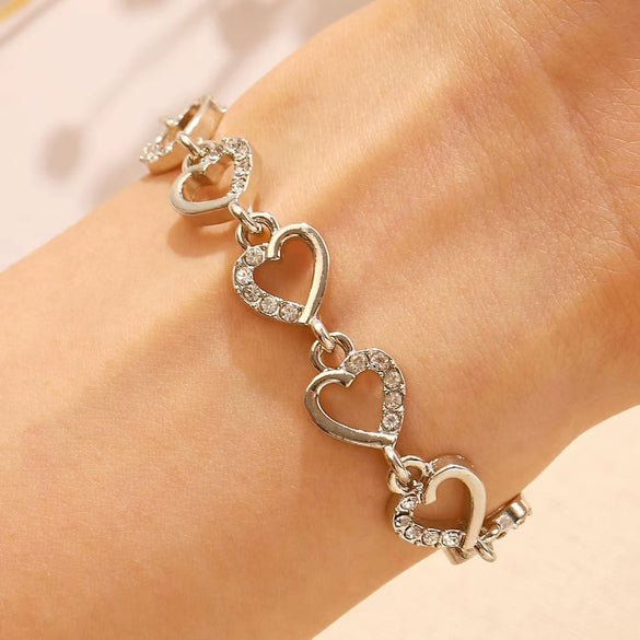 Wholesale Women's Love Hollow Heart Shape Zinc Alloy Micro Inlaid Zircon Jewelry Bracelet With Diamond Design