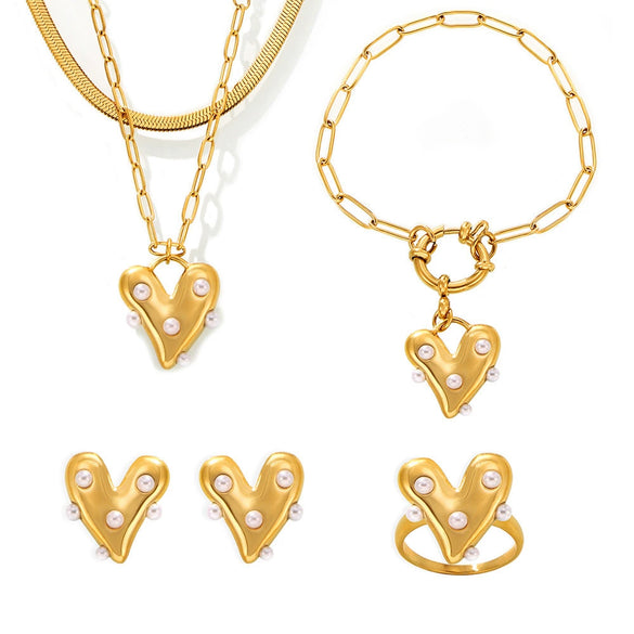 Wholesale Women's Love Imitation Pearl Jewelry Set 316L Stainless Steel Electroplated Heart Pattern Necklace Earrings Ring Bracelet