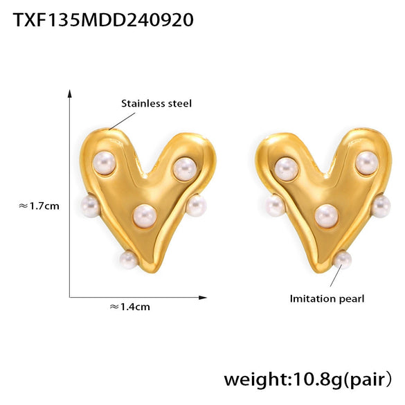 Wholesale Women's Love Imitation Pearl Jewelry Set 316L Stainless Steel Electroplated Heart Pattern Necklace Earrings Ring Bracelet