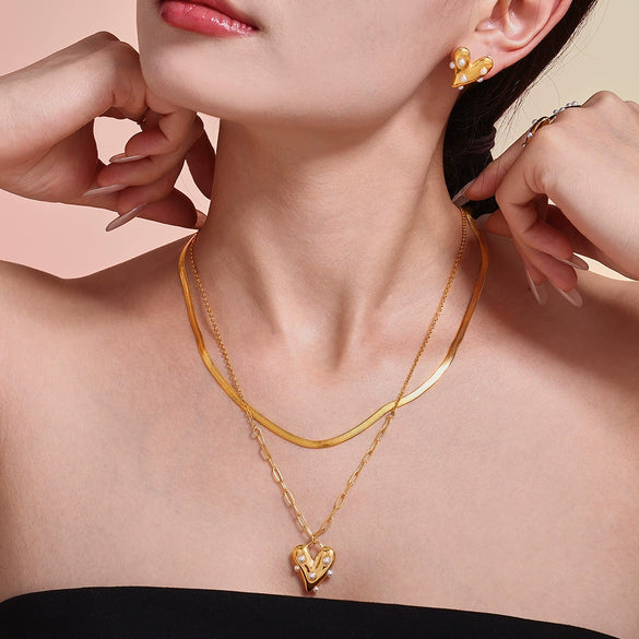 Wholesale Women's Love Imitation Pearl Jewelry Set 316L Stainless Steel Electroplated Heart Pattern Necklace Earrings Ring Bracelet