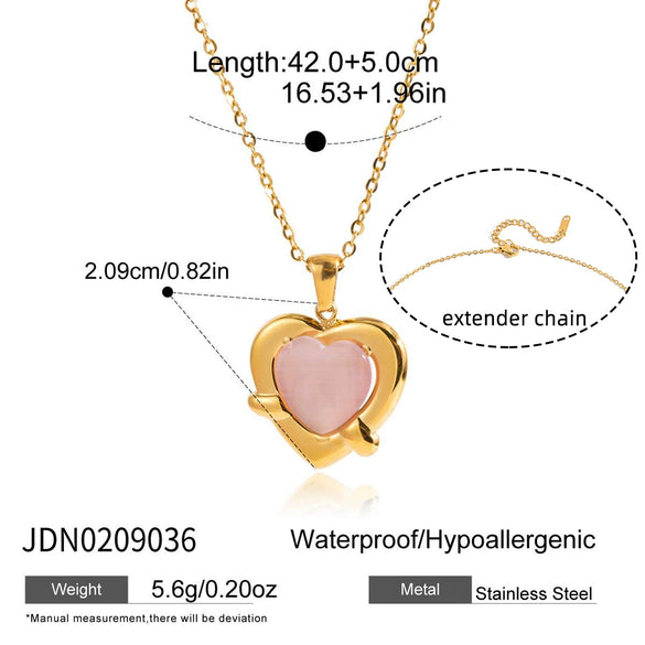 Wholesale Women's Love Shape Stainless Steel Electroplated Necklace With Pink Cat's Eye Stone