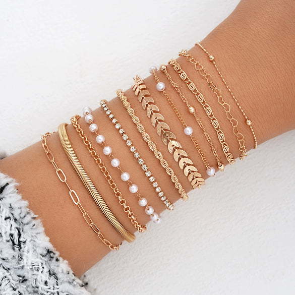 Wholesale Women's Love Twist Chain Bracelet Set With Imitation Pearls Heart Shape Pattern Electroplated Aircraft Chain