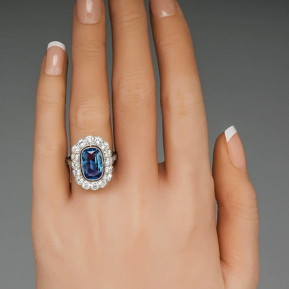 Wholesale Women's Luxury Color Treasure Ring With Sea Blue Zircon Copper Geometric Design