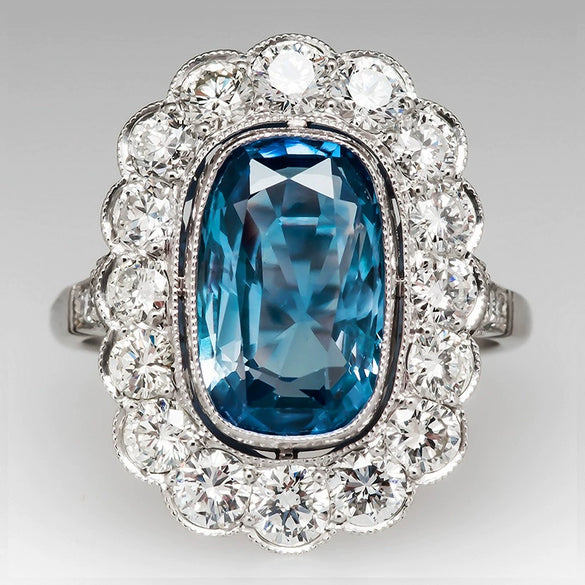 Wholesale Women's Luxury Color Treasure Ring With Sea Blue Zircon Copper Geometric Design
