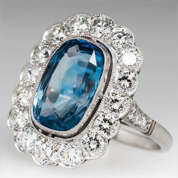 Wholesale Women's Luxury Color Treasure Ring With Sea Blue Zircon Copper Geometric Design