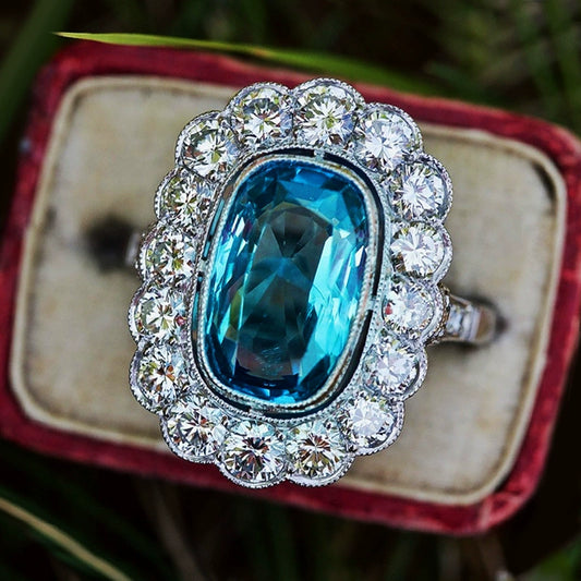 Wholesale Women's Luxury Color Treasure Ring With Sea Blue Zircon Copper Geometric Design
