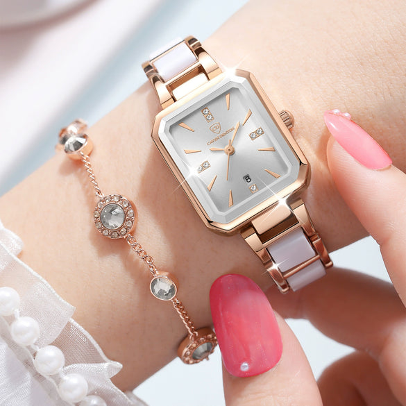 Wholesale Women's Luxury Diamond Square Waterproof Quartz Watch With Stainless Steel Clasp Resin Strap And Alloy Case