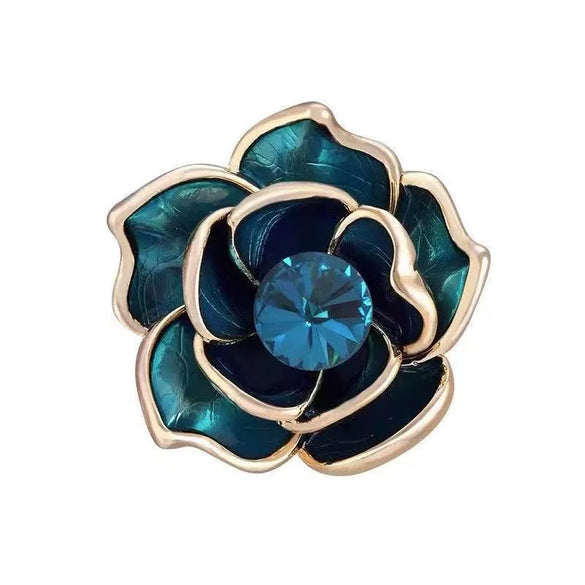 Wholesale Women's Luxury Elegant Zinc Alloy Enamel Oil Dropping Peacock Blue Camellia Flower Brooch