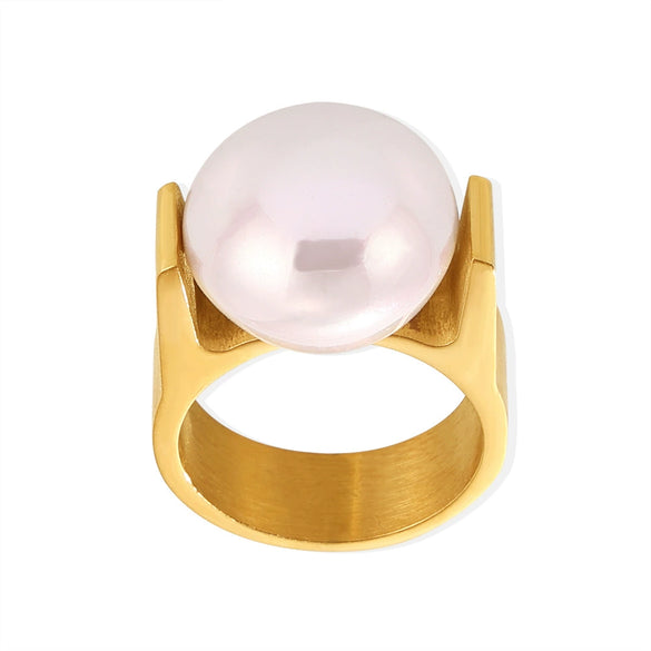 Wholesale Women's Luxury Exaggerated Beaded 316L Stainless Steel Ring Plated 18K Gold Geometric Style Jewelry