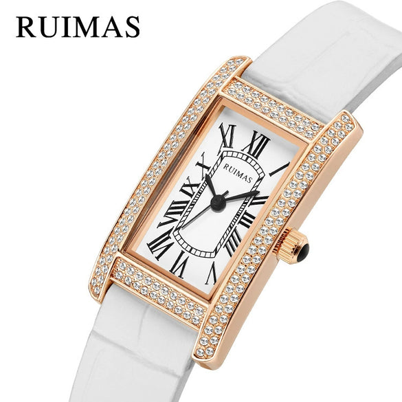 Wholesale Women's Luxury Fashion Quartz Watch With Alloy Case Genuine Leather Strap And Stainless Steel Buckle Embedded With Diamonds Rectangular Dial