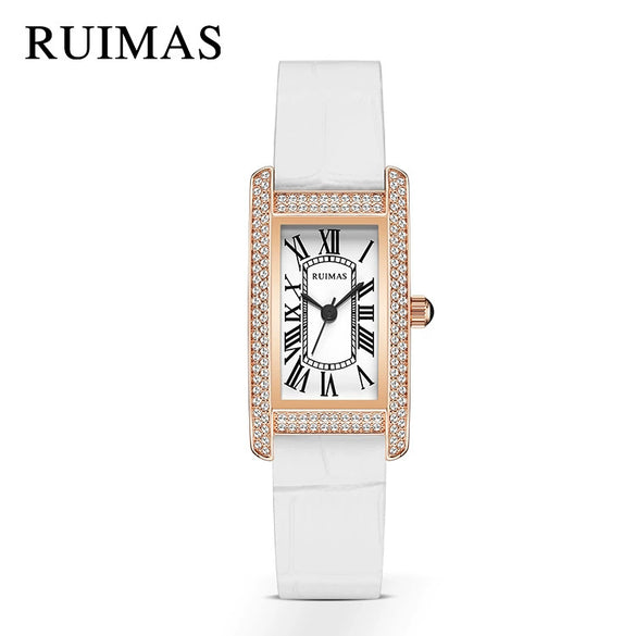 Wholesale Women's Luxury Fashion Quartz Watch With Alloy Case Genuine Leather Strap And Stainless Steel Buckle Embedded With Diamonds Rectangular Dial