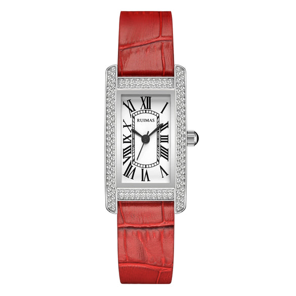 Wholesale Women's Luxury Fashion Quartz Watch With Alloy Case Genuine Leather Strap And Stainless Steel Buckle Embedded With Diamonds Rectangular Dial
