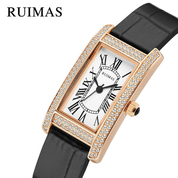 Wholesale Women's Luxury Fashion Quartz Watch With Alloy Case Genuine Leather Strap And Stainless Steel Buckle Embedded With Diamonds Rectangular Dial