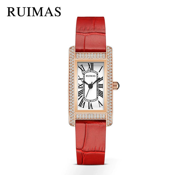 Wholesale Women's Luxury Fashion Quartz Watch With Alloy Case Genuine Leather Strap And Stainless Steel Buckle Embedded With Diamonds Rectangular Dial